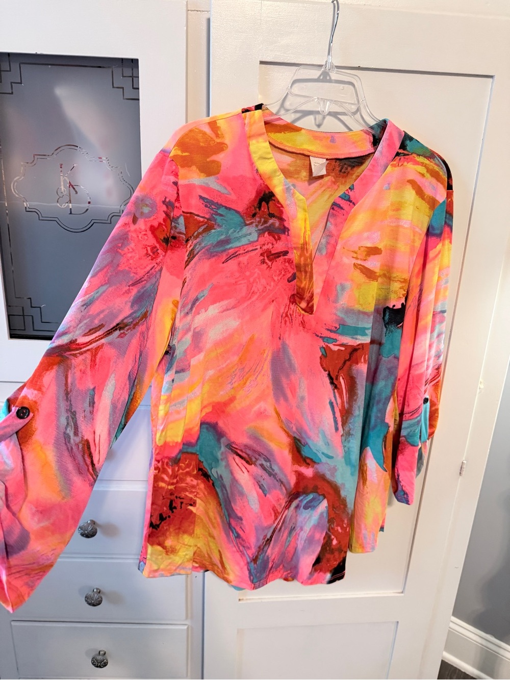 Bright Pink Abstract V-Neck Tunic Top - Picture 2 of 6
